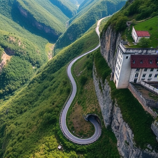 Aerial view of winding mountain road with lush greenery and rocky cliffs, captured with a Canon EOS R5, 24-70mm lens at f/8, ISO 100, 1/250s, in natural daylight for enhanced image quality.