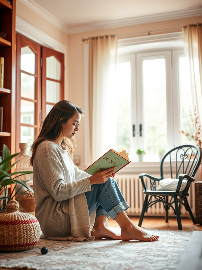 Create a cozy indoor scene featuring a woman reading a book in a bright room with a large window, soft natural light filtering through, warm colors, and a decorative chair, captured in high resolution with a DSLR camera at f/2.8 aperture, ISO 100, 50mm lens, and slight vignette for depth.
