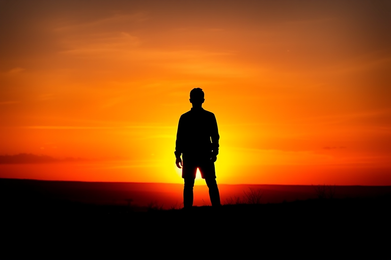 Create a high-resolution image of a silhouetted figure against a vibrant sunset, captured with a DSLR camera at f/8 aperture, 1/200 sec shutter speed, ISO 100, 50mm lens, in landscape orientation.