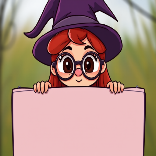Create an illustration of a cartoon witch with red hair peeking over a blank rectangular sign, with large round glasses and a pointy hat, using a DSLR camera with a 50mm lens, f/2.8 aperture, ISO 100, natural lighting, and a shallow depth of field for enhanced image quality.
