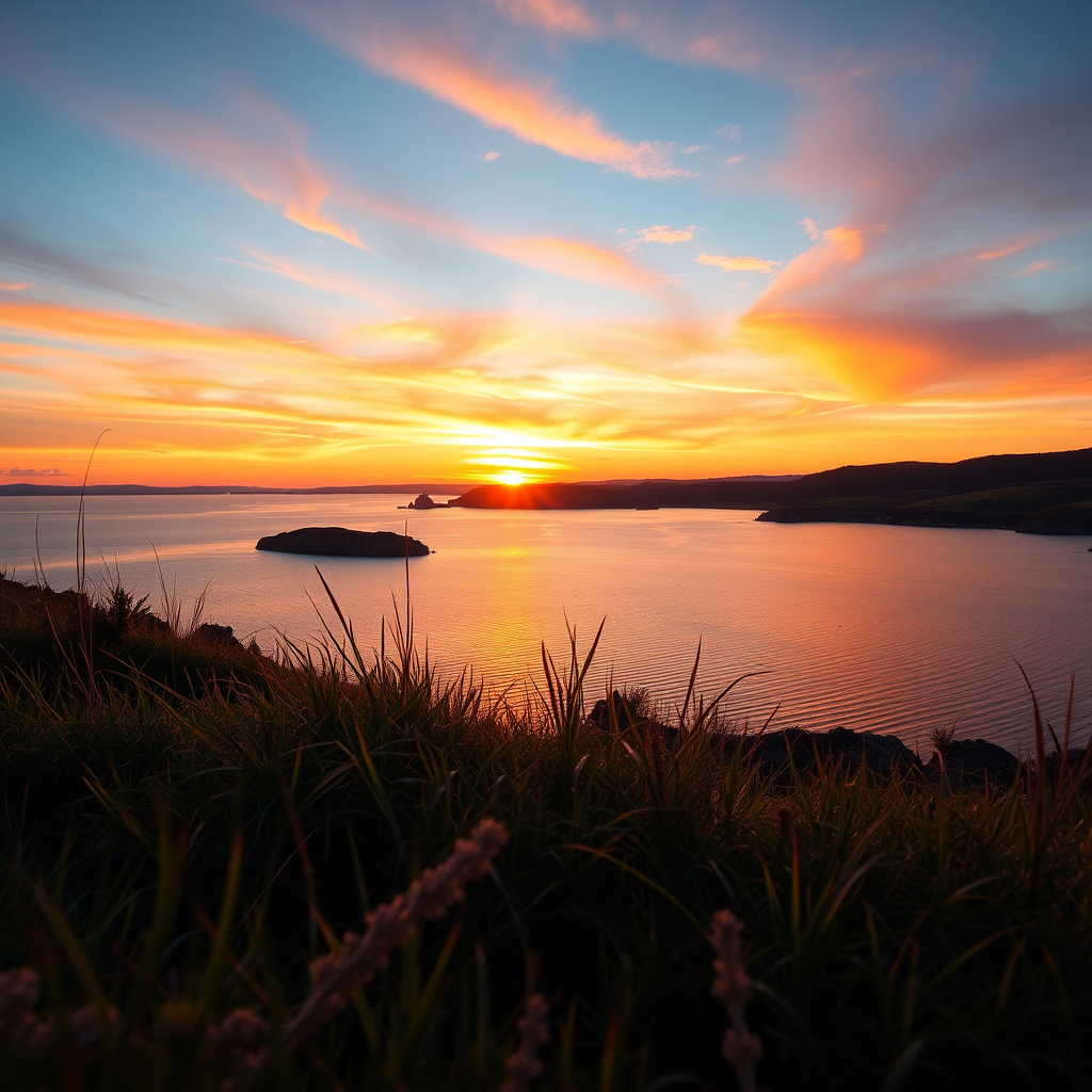 Generate a high-resolution image of a scenic landscape at sunset, with vibrant colors reflecting on the water, using a Canon EOS R5, 24mm lens, f/8 aperture, ISO 100, shutter speed 1/125s, taken from a low angle to capture foreground details and a wide view of the horizon.