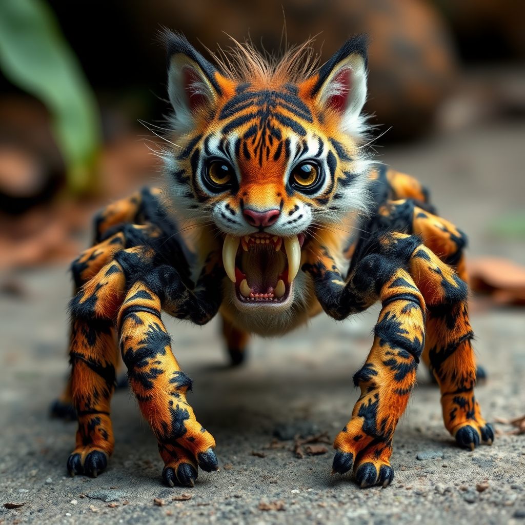 This charming yet frightening Spider Tiger features six legs, a hairy, furry body, and a cat-like tiger physique combined with an insectoid tiger head and tiger legs. The furry head further adds to the creature's unique appearance, creating a captivating blend of cuteness and fear that makes this six-legged, furry, insect-inspired tiger both adorable and scary.