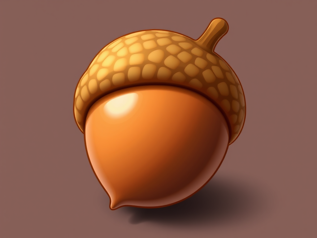 Create a detailed illustration of a cartoon acorn with a smooth, glossy surface, using high-resolution digital art techniques, shot with a DSLR camera at f/2.8 for a shallow depth of field, ISO 100 to minimize noise, and a soft, diffused lighting setup to enhance the contours and texture of the acorn, with a slight top-down angle to provide dimension and depth.