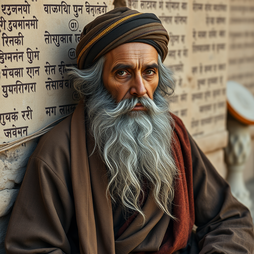 Create a highly detailed portrait of an elderly philosopher with a long beard and traditional attire, sitting against an ancient wall with faded inscriptions, using a Canon EOS R5 with a 85mm f/1.2 lens, aperture set to f/2.8, ISO 100, and natural soft lighting for a realistic texture and depth.