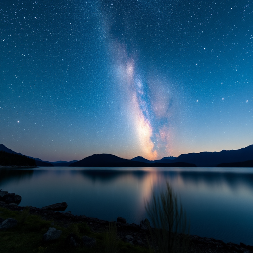 Capture a serene lakeside view at night featuring the Milky Way, using a Canon EOS R, 24mm f/1.4 lens, ISO 3200, 20-second exposure, f/2.8 aperture, and a tripod for stability under a clear starry sky.