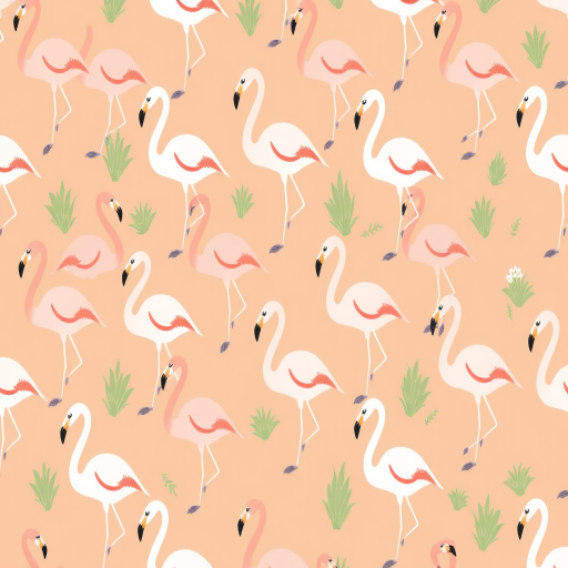 Create a whimsical pattern featuring stylized flamingos in various poses with light brown, green, and white color scheme, using a Canon EOS R5 camera with a 50mm lens at f/8, ISO 100, in natural light and high-resolution format.