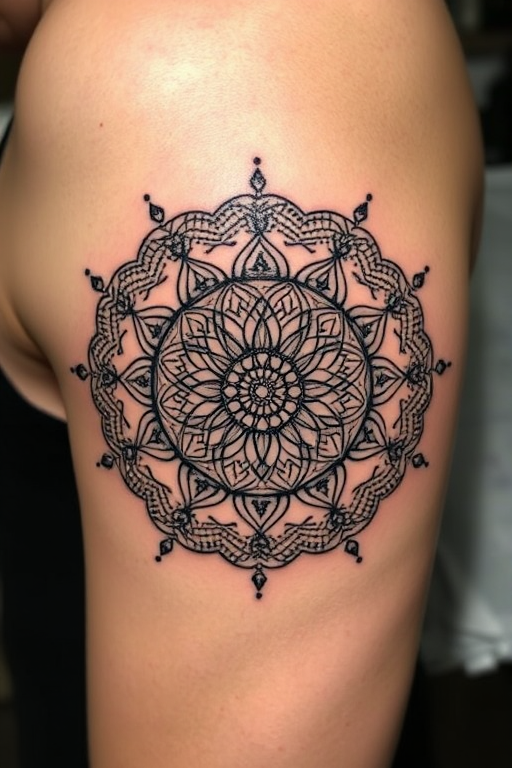 Dotwork mandala tattoo named "Cosmic Bloom" showcasing an intricate circular pattern composed entirely of tiny dots, gradually increasing in density to create mesmerizing optical illusions and depth, incorporating elements of sacred geometry and floral motifs within the design, rendered in black ink with subtle touches of white for highlights and dimension, perfect for those seeking a meditative and spiritually inspired tattoo that celebrates the beauty of symmetry and precision