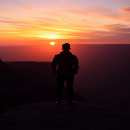 Generate a high-quality image of a silhouette of a person standing on a cliff during sunset, with vibrant orange and purple hues in the sky, using a DSLR camera, 50mm lens, f/1.8 aperture, ISO 100, and a shot taken at golden hour.