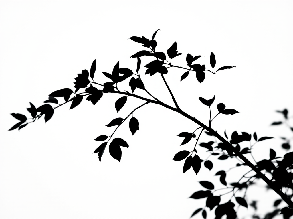Create a high-resolution black silhouette of a tree branch with leaves against a white background, captured with a Canon EOS R5 at f/8, ISO 100, shutter speed 1/200s, using a macro lens in a soft natural light setting.