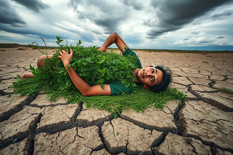 generate an image of a person merging with nature, covered in green plants and grass, lying on a cracked dry landscape, overcast sky with dramatic clouds, use a Canon EOS R5, aperture f/5.6, shutter speed 1/250s, ISO 200, wide-angle view, high dynamic range style
