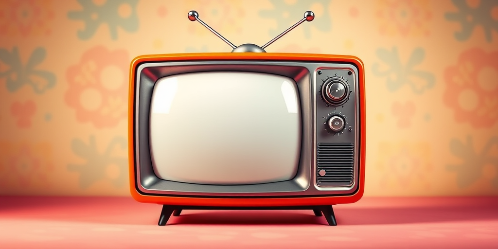 create a vintage-style cartoon television set on a vibrant background with a white screen, soft lighting, using a DSLR camera at f/2.8, ISO 100, 50mm lens, with a slight vignette effect for enhanced focus and color saturation.