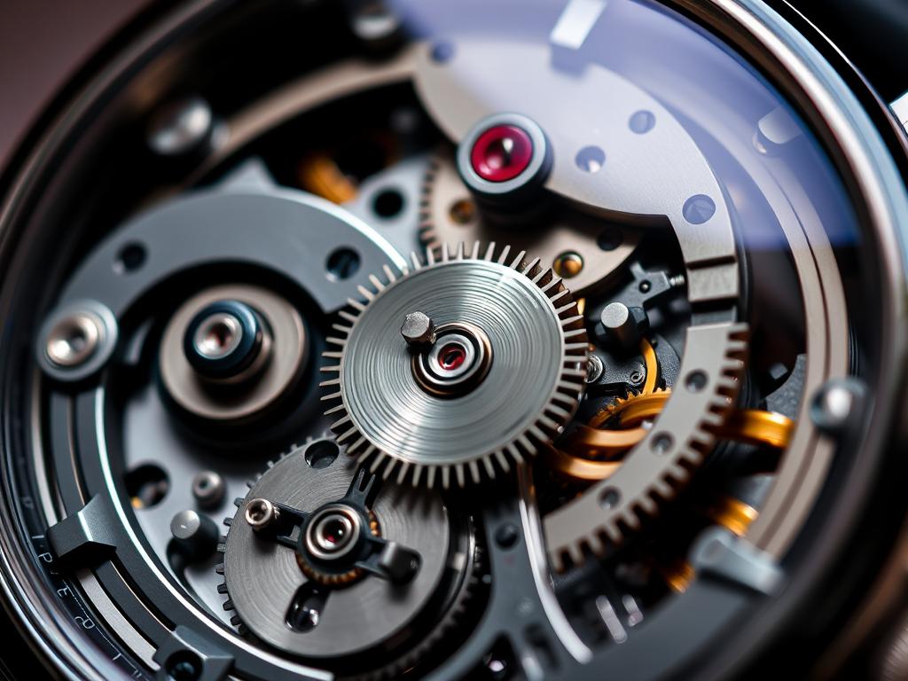 Close-up shot of an intricate mechanical watch showing detailed gears and movements, f-stop 2.8, shutter speed 1/125s, ISO 100, macro lens, soft lighting, high-definition.