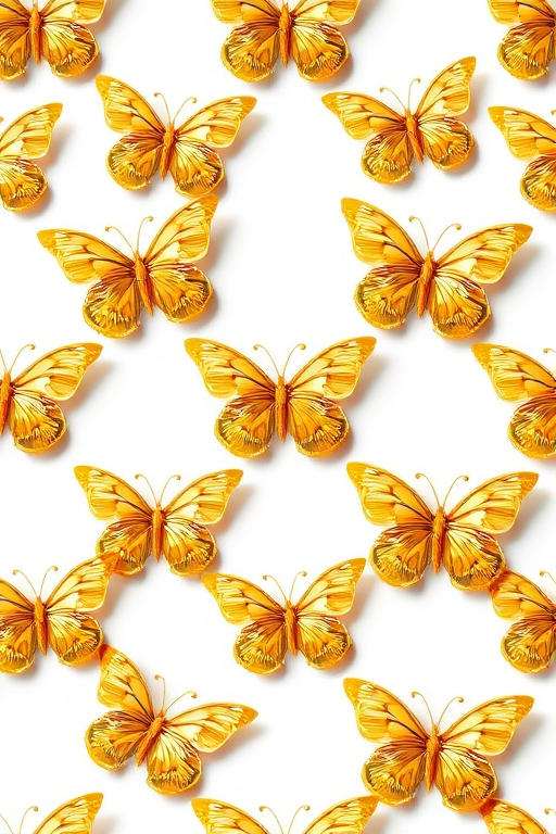 Create a pattern of golden butterflies arranged in a grid format. The butterflies should have intricate designs, showcasing their wings with detailed patterns. Use a white background to enhance the golden color of the butterflies, ensuring a clean and elegant look.