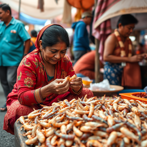 Capture a bustling market scene with a focus on a woman in vibrant clothing peeling shrimp, using a Canon EOS R5 with a 50mm lens, aperture f/2.8, ISO 200, shutter speed 1/125s, natural light, shot from a low angle to emphasize the texture of the ground and the detailed expressions of the vendors.