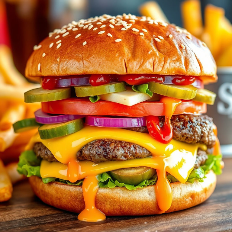 High-resolution, close-up image of a gourmet double cheeseburger. The burger features a glossy, sesame-seed-topped brioche bun. Inside, there are two thick, juicy beef patties, each topped with melted cheddar cheese. The burger is garnished with fresh lettuce, tomato slices, diced onions, and pickles. A generous amount of ketchup and a creamy, orange-colored sauce is dripping down the sides, adding to the mouth-watering appeal. In the background, there are blurred elements including a side of golden French fries and a hint of a beverage, enhancing the overall presentation of a delicious meal.