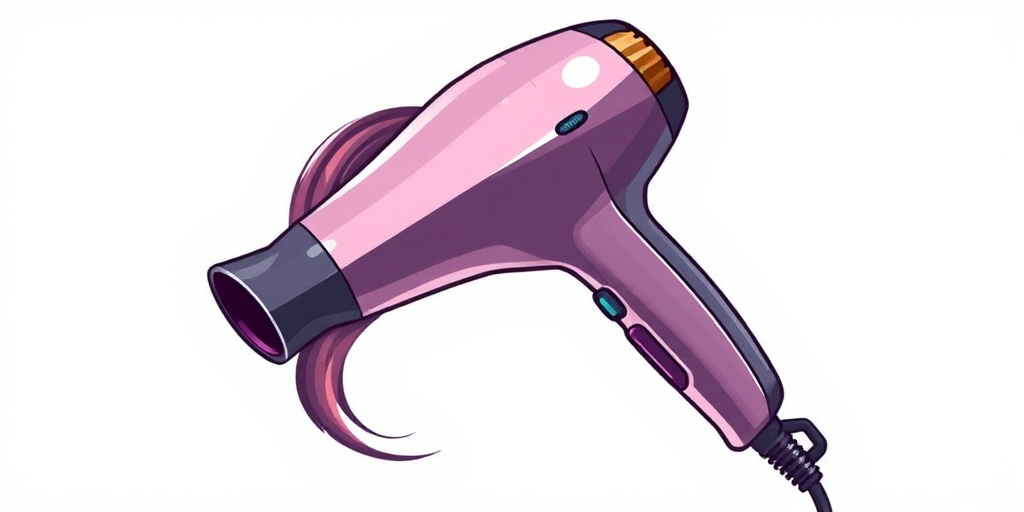 Create an illustration of a hairdryer in a modern style with a clean white background, using a DSLR camera with an aperture of f/4, ISO 100, and a 50mm lens to enhance image quality.