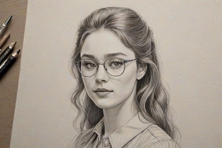 Fetching Danielle Rose Russell, pencil sketch, portrait of Enchanting woman 1978s in glasses, hair style beatnik, outline, clear lines, fine lines, 8k