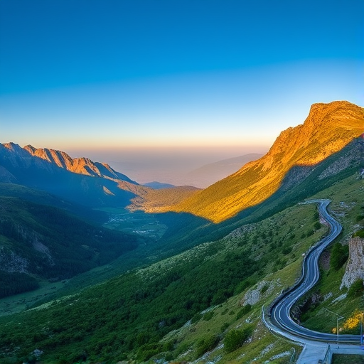 capture a panoramic landscape of a mountainous region with lush green valleys and a winding road under a clear blue sky, use a Canon EOS R5 with a 24-70mm f/2.8 lens, aperture f/8, ISO 100, shutter speed 1/125 sec, golden hour lighting for enhanced contrast and warm tones, shot from a high vantage point to showcase depth and perspective.
