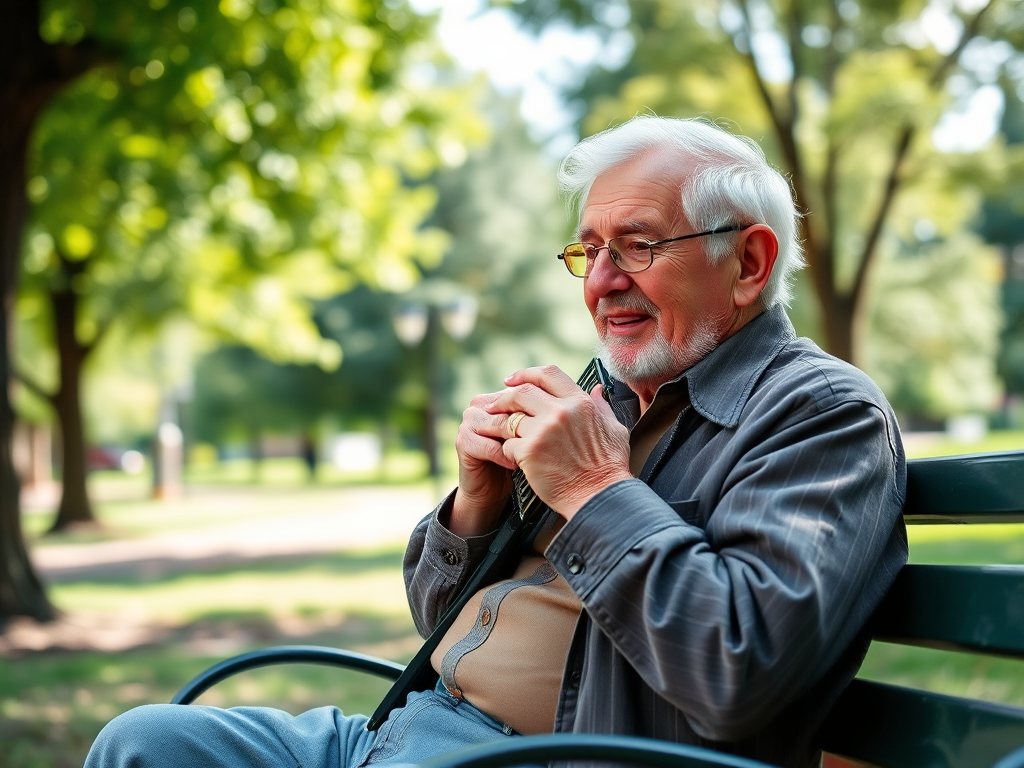 Capture a candid shot of an elderly man playing a harmonica while sitting on a park bench, surrounded by lush green trees, using a DSLR camera with a 50mm lens, aperture at f/2.8 for a shallow depth of field, ISO 100 for clarity, and natural lighting to enhance colors.