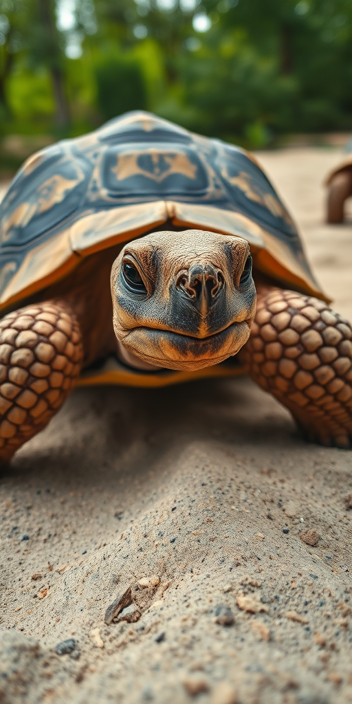 Close-up of a large tortoise walking on sandy ground, shallow depth of field, natural lighting, camera settings: ISO 200, f/4, 1/200 sec, camera type: DSLR, lens: 50mm, view: low angle.
