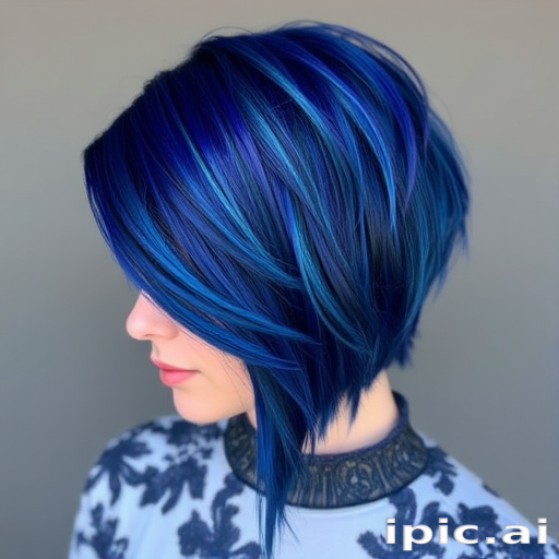 Regal indigo blue hair in a "Starry Night" inspired style features an asymmetrical cut with razor-sharp edges and metallic accents