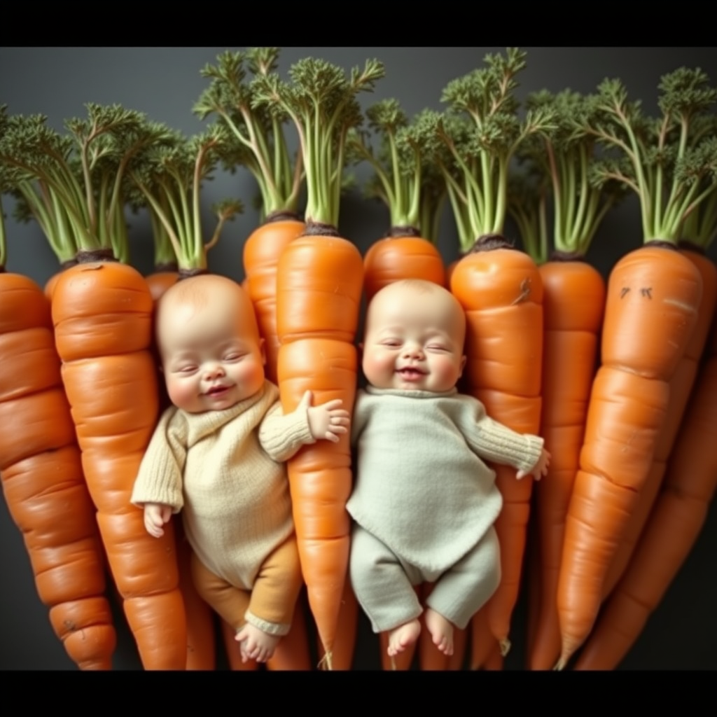 A bunch of carrots in the form of anthropomorphic babies.