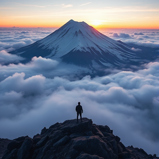 regenerate a high-resolution landscape image of a majestic snow-capped mountain surrounded by mist and clouds at sunrise with a solitary figure standing on a rocky outcrop in the foreground using a Canon EOS R5 camera, 24mm lens, f/8 aperture, ISO 100, 1/200 second shutter speed, with a wide-angle view and soft focus on the background to enhance depth and detail