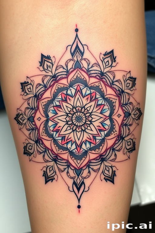 Bohemian mandala tattoo named "Cosmic Harmony" with intricate geometric patterns and ornate details in soft pastel colors radiating outward from a central focal point