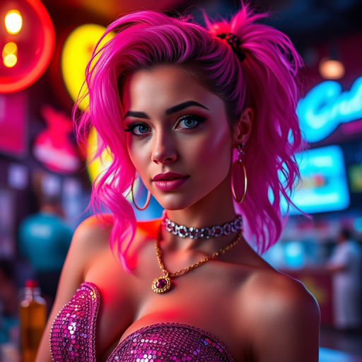 Create a vibrant portrait of a woman with striking pink and purple hair, wearing a shiny, colorful outfit, set in a lively bar with neon lights, capture this scene with a DSLR camera at f/1.8, ISO 200, shutter speed 1/100, 50mm lens, with a soft bokeh effect and vibrant color saturation.
