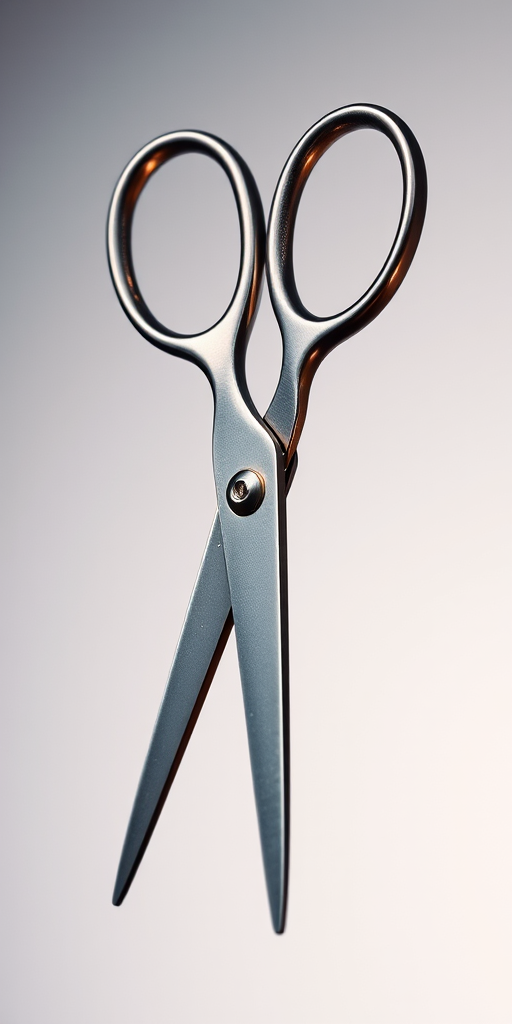 Create an image of a pair of scissors with shiny metallic surfaces, detailed reflections, and a soft gradient background; use a DSLR camera with a 50mm lens at f/2.8, ISO 100, and 1/125s exposure time for clarity and depth.