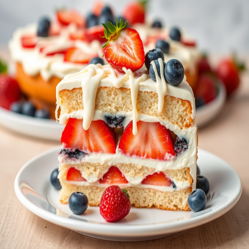 Create an image of a delicious layered dessert featuring a slice of creamy cake with alternating layers of vanilla cream and fresh strawberries and blueberries topped with white chocolate drizzle served on a white plate with the whole dessert in the background.
