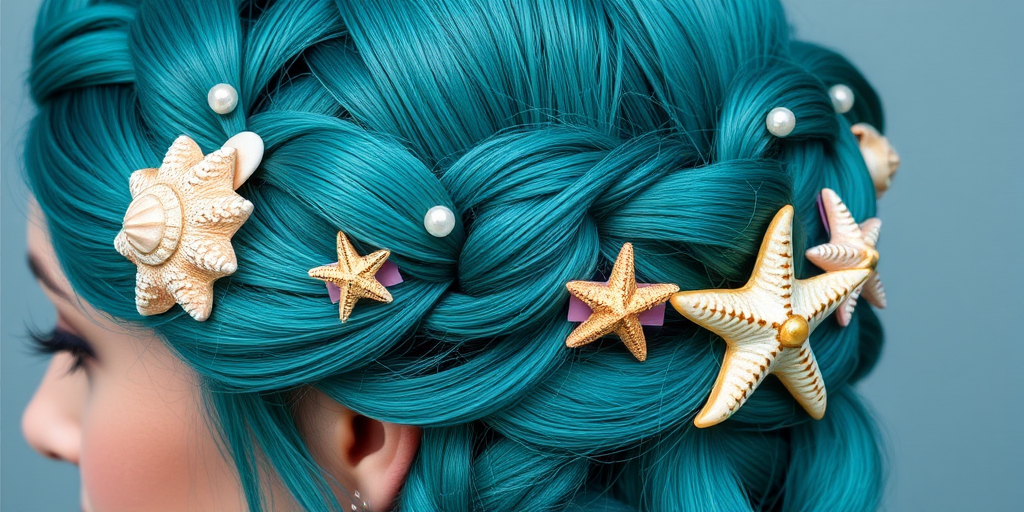 Majestic teal mermaid braid called Oceanic Crown incorporating an elaborate five-strand plait adorned with iridescent seashells and starfish-shaped hair clips for a regal underwater-inspired look