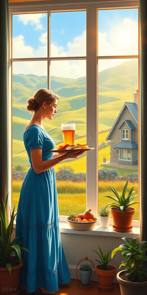 In "A Glass of Beer on the Highland," a serene scene is depicted in a sunlit room where a woman in a vibrant blue dress stands by a large window. She holds a tray with a hearty meal and a frothy glass of beer, embodying a moment of relaxation. Outside, the breathtaking highland landscape features rolling green hills and a charming traditional house, all bathed in warm afternoon light. The interior is adorned with potted plants, creating a harmonious blend of comfort and nature. The painting beautifully captures the tranquility and joy found in simple pleasures amidst stunning scenery