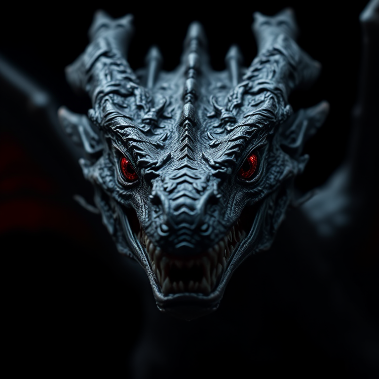 A highly detailed close-up of a dark, menacing dragon with red eyes and intricate scales, captured with a DSLR camera at f/2.8, 1/100 sec, ISO 200, using a macro lens, in a soft-focused studio lighting setup against a black background.