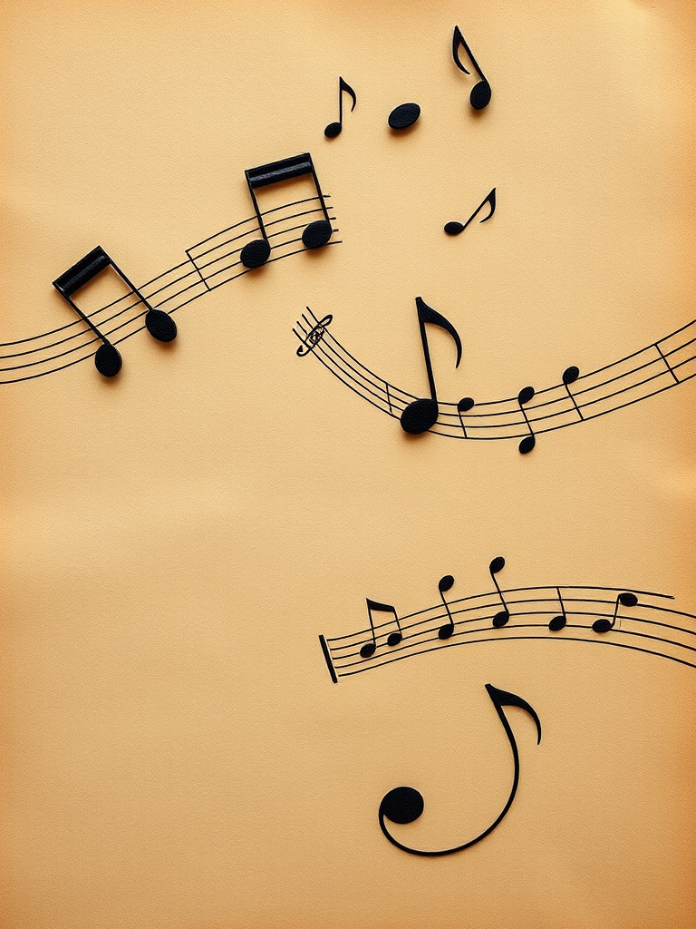 Create an artistic representation of musical notes flowing over a textured vintage paper background, captured with a DSLR camera at 50mm focal length, f/8 aperture, ISO 100, soft natural lighting for enhanced detail and warmth.