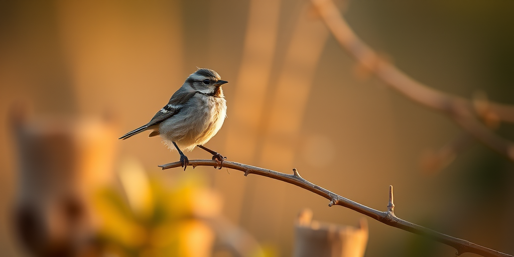 Create a high-resolution image of a small bird perched on a branch in a natural setting with soft focus on foreground elements, using a Canon EOS 90D camera, 85mm lens, f/2.8 aperture, ISO 200, shutter speed 1/500s, and golden hour lighting to enhance details and colors.
