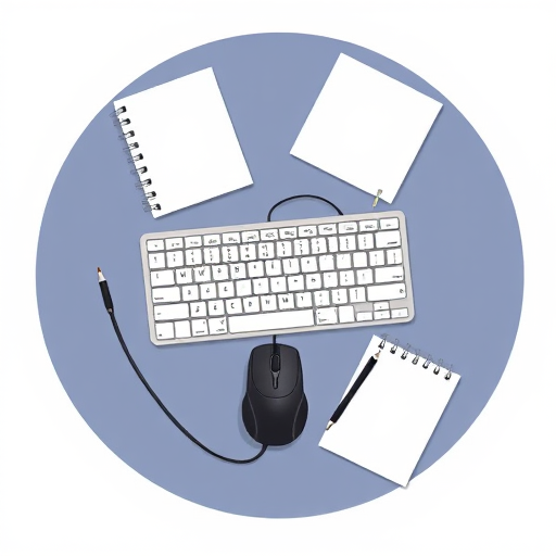Create a digital illustration of a keyboard and a computer mouse surrounded by three blank notepads on a circular background, using a top-down view, with a resolution of 300 dpi, and a color saturation adjustment to enhance image quality.