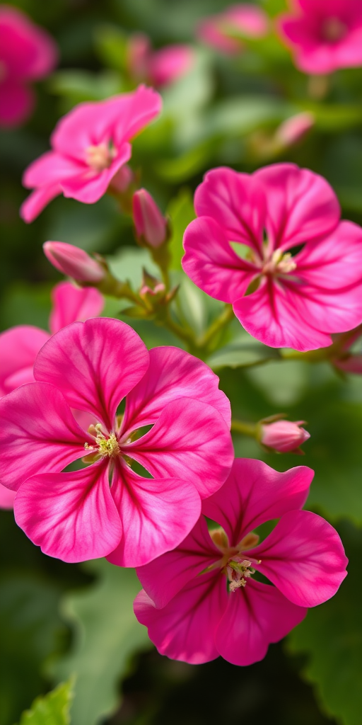 close-up of vibrant pink geranium flowers with lush green leaves, soft focus background, 50mm lens, aperture f/2.8, ISO 100, natural lighting, DSLR camera