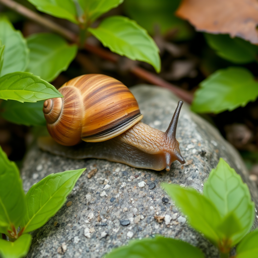a close-up of a snail on a stone surrounded by green leaves in a natural setting