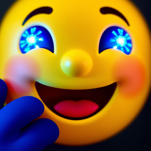 Create a vibrant, smiling emoji face with large sparkling blue eyes and an open mouth, using a DSLR camera with a 50mm lens, aperture set to f/1.8, ISO 100, and a shallow depth of field for enhanced focus on the emoji.