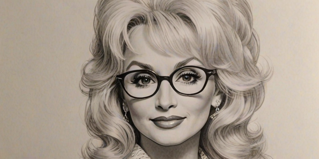 Delightful Dolly Parton, pencil sketch, portrait of Gorgeous woman 1958s in glasses, hair style beatnik, outline, clear lines, fine lines, 8k