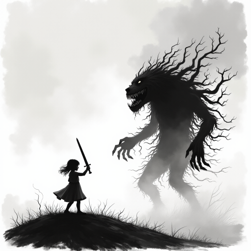 Fight your fears illustration of black and white minimalist of a little girl standing on a hill, raising a sword in hand, she is facing a large menacing creature with large head, sharp teeth and sharp claws, its body is made of vines and roots. The background is a cloudy sky with a hint of smoke or fog. The overall mood of the image is dark and eerie.