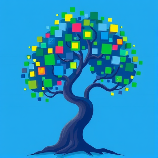 Create a stylized illustration of a tree with a twisting trunk and colorful square leaves in shades of blue and green, using a high-resolution digital art style, with a focus on vibrant colors and smooth lines, captured with a Canon EOS R5 at f/8, ISO 100, and a 50mm lens.