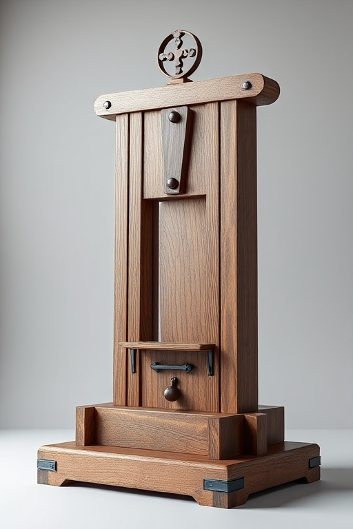 Create a high-resolution 3D render of a guillotine with detailed wood texture, soft lighting for realism, 50mm lens, f/2.8 aperture, ISO 100, 3-point lighting setup, shot from eye level to emphasize the structure and materials.