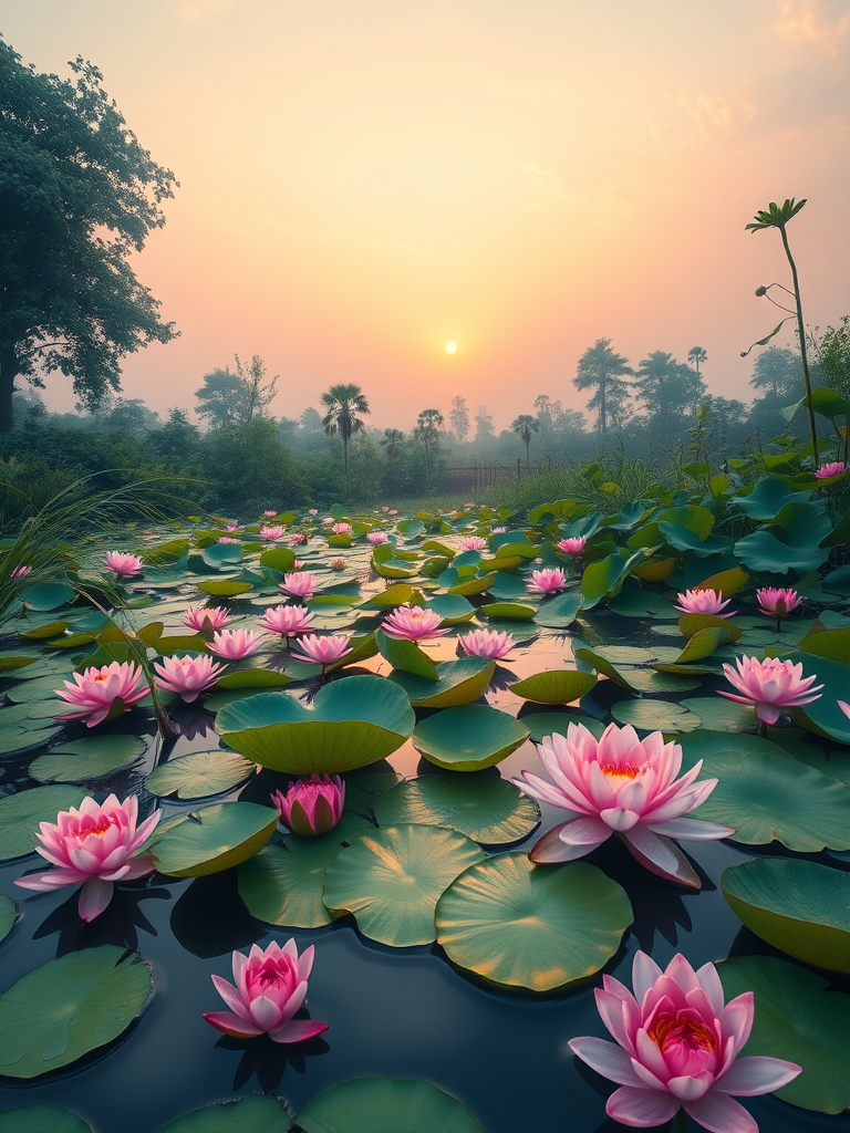 Create a serene digital painting of a tranquil pond filled with colorful lotus flowers and lily pads, surrounded by lush greenery, with a soft pastel sky at sunset; use a Canon EOS R5 camera with a 50mm lens, aperture f/2.8, ISO 100, and a wide-angle view to enhance detail and clarity.