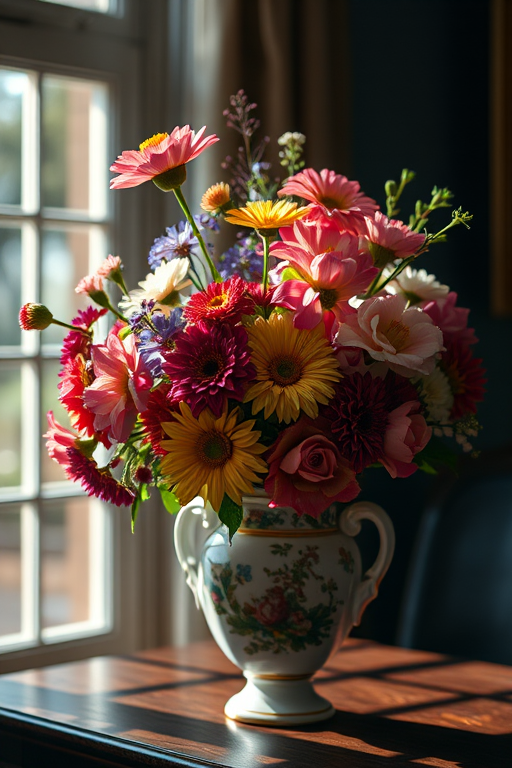 highly detailed still life of a vibrant floral arrangement in a classic porcelain vase illuminated by soft natural light, 50mm lens, f/2.8 aperture, ISO 100, shallow depth of field, shot in a dark environment to enhance colors, digital camera style