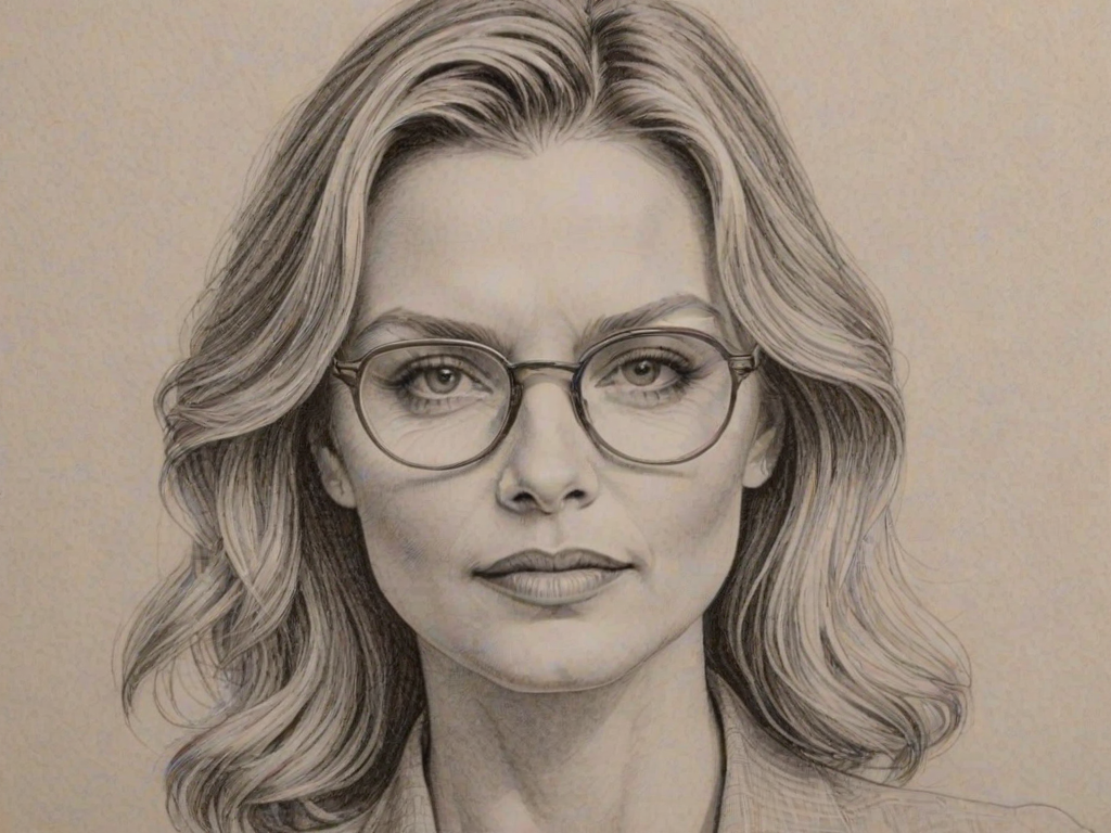 Attractive Michelle Pfeiffer, pencil sketch, portrait of Splendid woman 1945s in glasses, hair style beatnik, outline, clear lines, fine lines, 8k