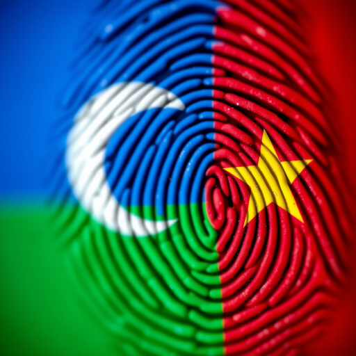 Create an image of a fingerprint incorporating the colors and elements of the Comoros flag, with a close-up view taken with a DSLR camera at f/4 aperture, ISO 100, 50mm lens, natural lighting, and a shallow depth of field to enhance detail and vibrancy.