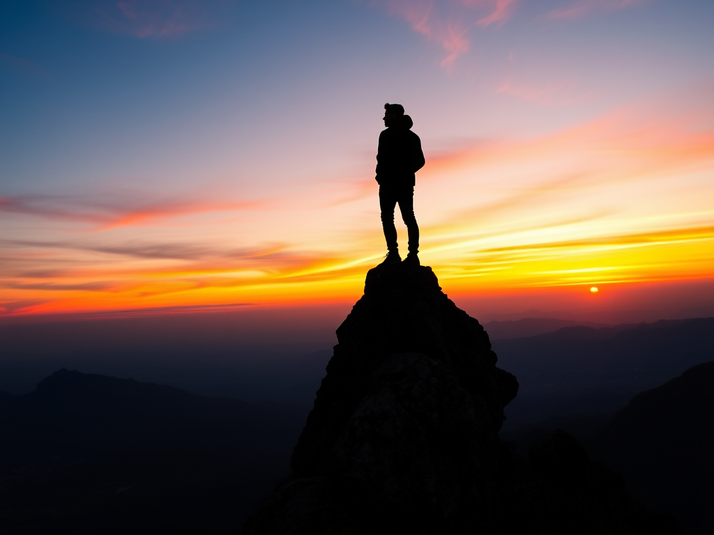 Generate a high-resolution image of a silhouette of a person standing on a mountain peak during sunset, using a DSLR camera, 50mm lens, aperture f/1.8, ISO 100, shutter speed 1/200s, captured from a low angle to emphasize the peak's height and the vibrant colors of the sunset in the background.
