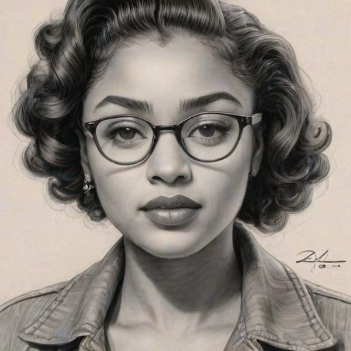 Resplendent Aisha Dee, pencil sketch, portrait of Magnificent woman 1947s in glasses, hair style beatnik, outline, clear lines, fine lines, 8k